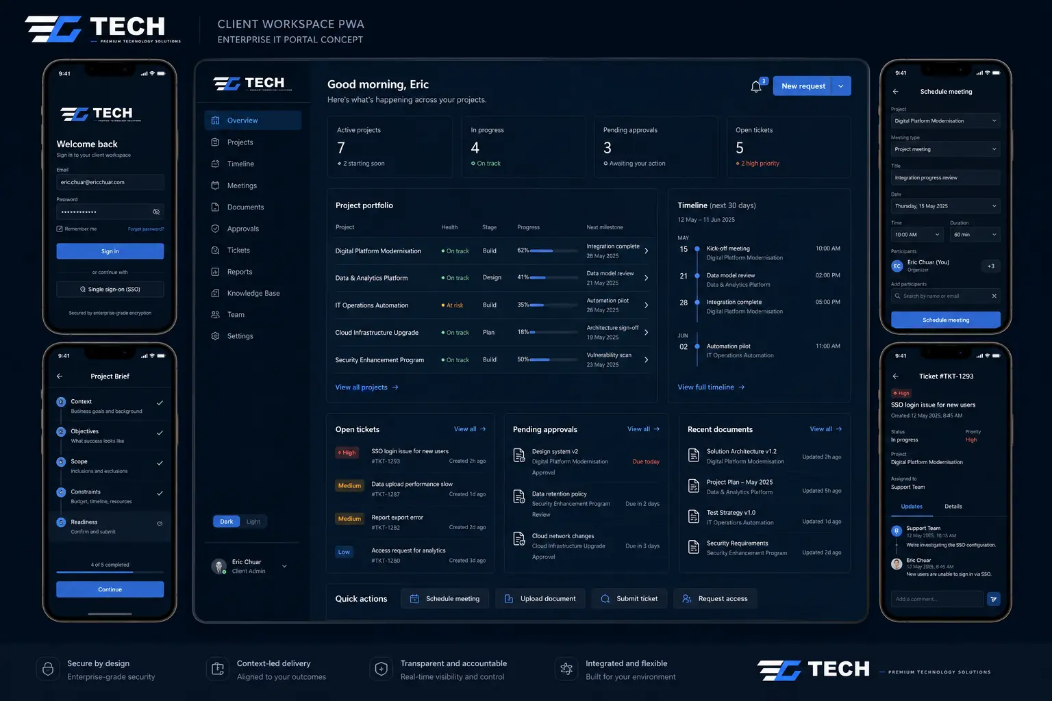 EC TECH Client Workspace design reference showing mobile and desktop interface concepts