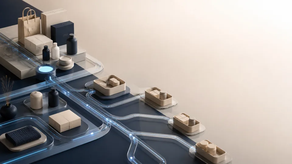 Conceptual commerce operations with products moving through connected digital channels.