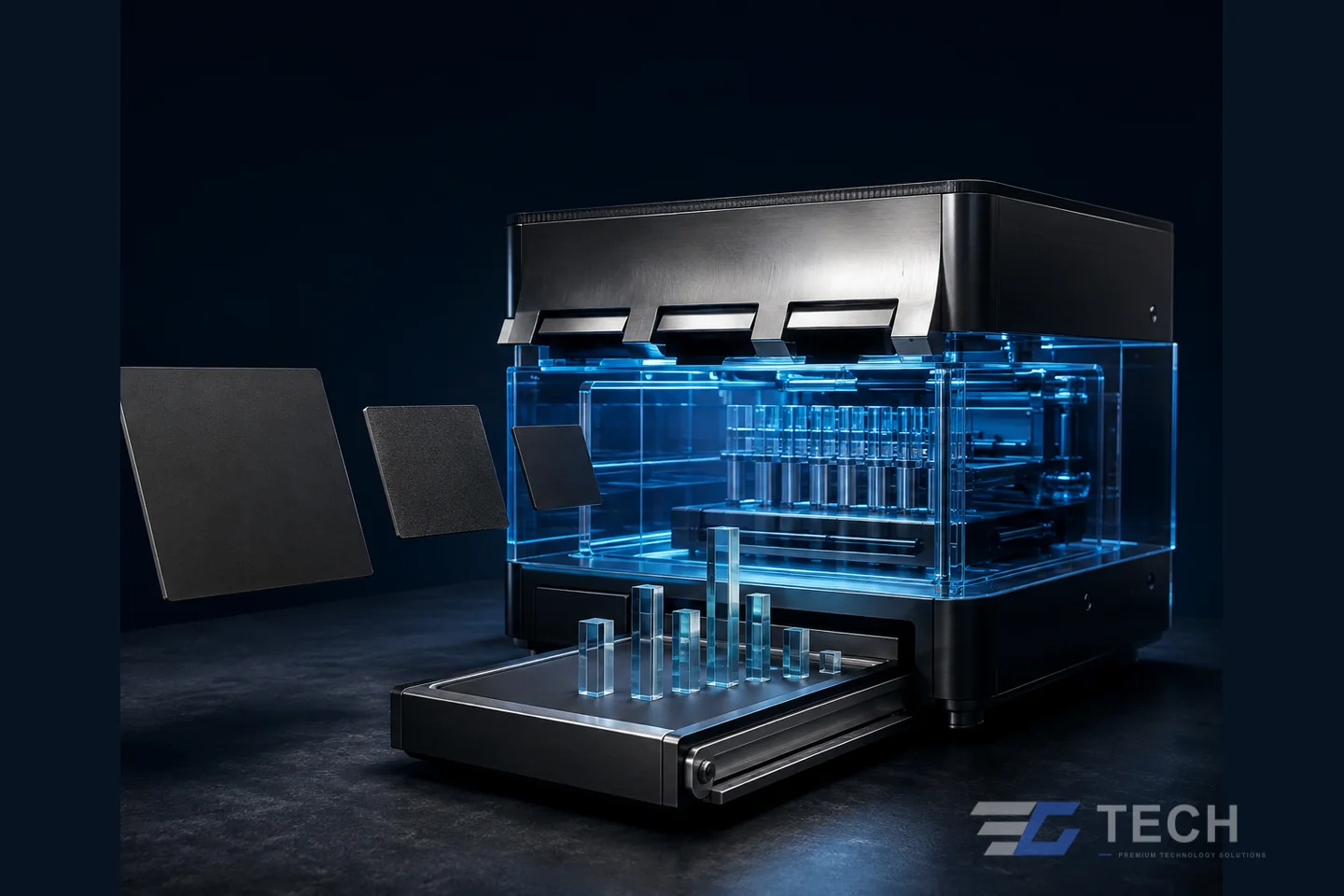 Performance Marketing represented by an original EC TECH technology-system composition. Concept illustration only; not a client installation or claimed result.