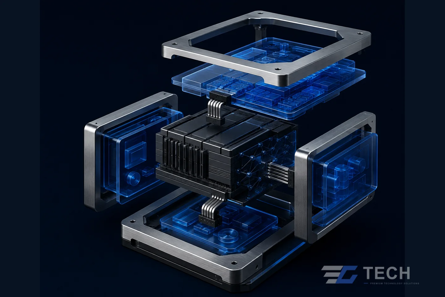 Custom Software Development represented by an original EC TECH technology-system composition. Concept illustration only; not a client installation or claimed result.