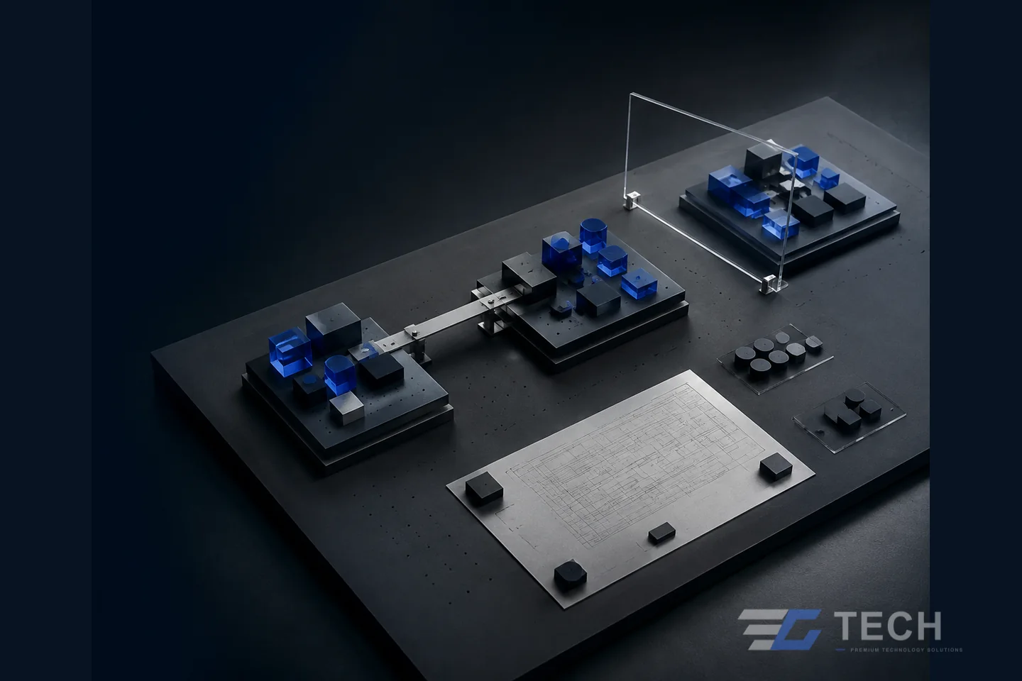 Fractional CTO & Technology Advisory represented by an original EC TECH technology-system composition. Concept illustration only; not a client installation or claimed result.