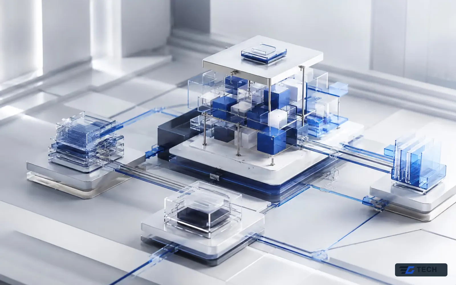 Original conceptual solutions composition supporting AI & Automation Solutions; illustrative only, not client work or company facilities.