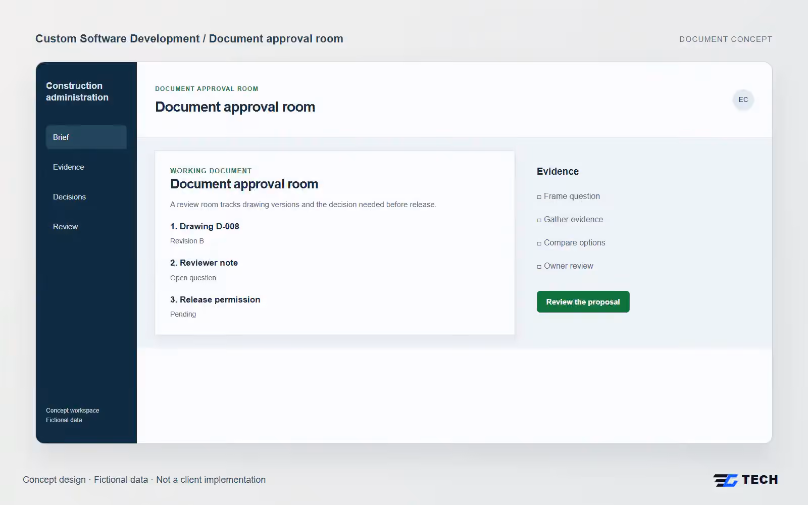 Document approval room. Concept design with illustrative sample records.