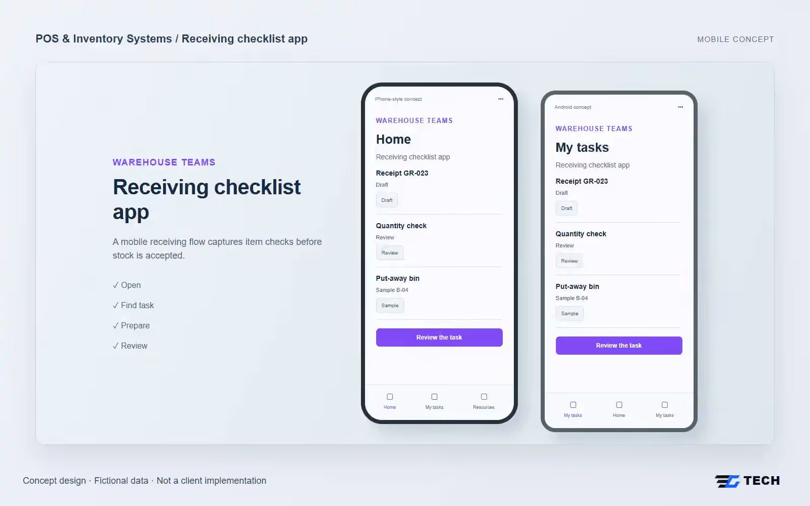 Receiving checklist app. Concept design with illustrative sample records.