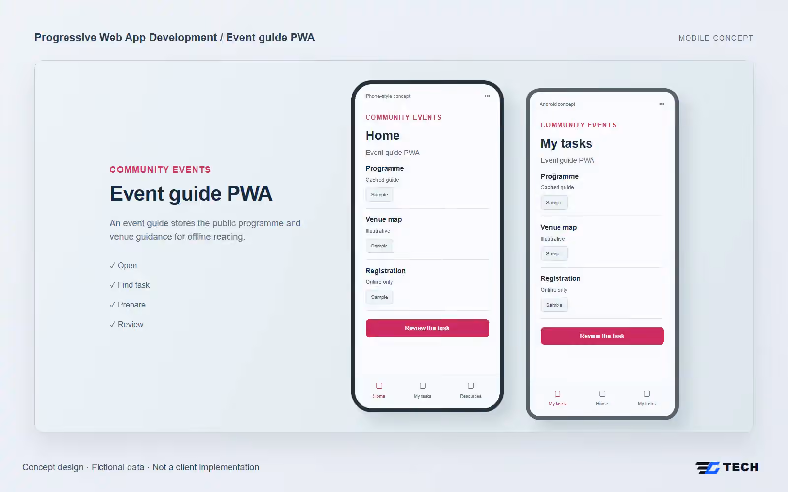 Event guide PWA. Concept design with illustrative sample records.
