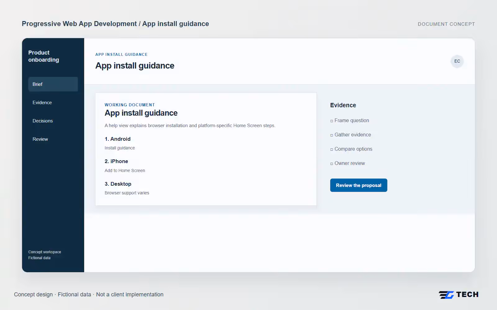 App install guidance. Concept design with illustrative sample records.