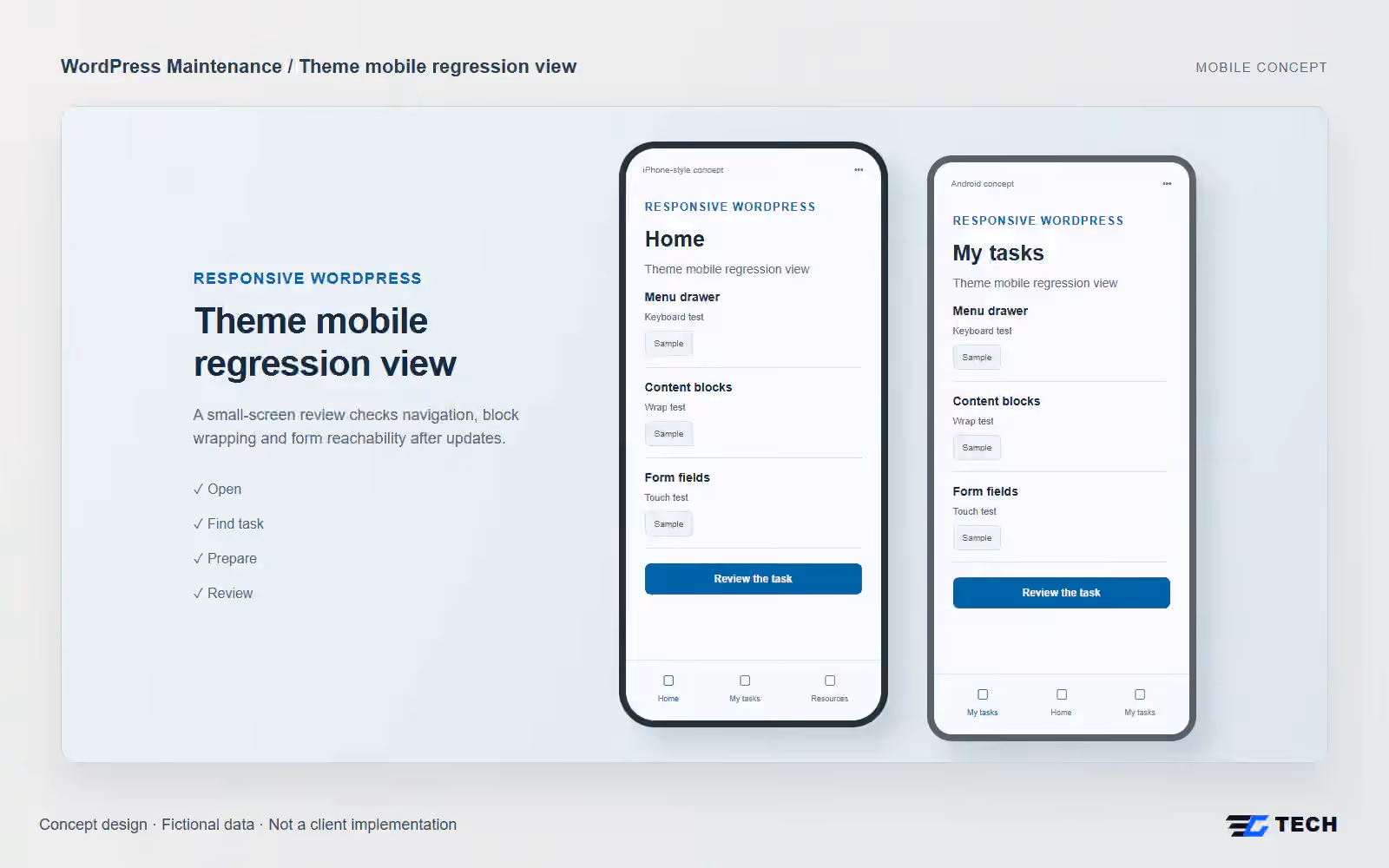 Theme mobile regression view. Concept design with illustrative sample records.